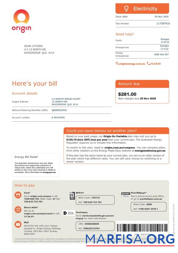 Realistic Australia Origin Energy electricity bill version 2 sample